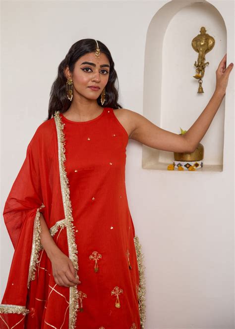 Halter Key Hole Straight Kurta Set - Burnt Orange | JOVI India