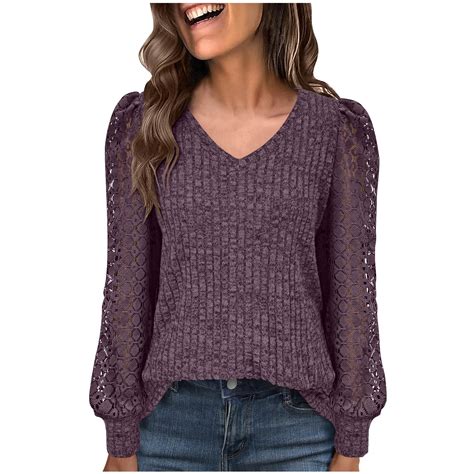 Fmbrln Womens Lightweight Sweaters Lace Patchwork Long Sleeve V Neck ...