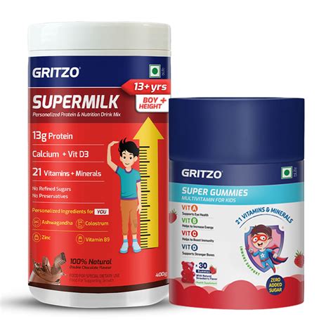 Gritzo SuperMilk Height+, (13+y Boys) Powder with Super Gummies (Double ...