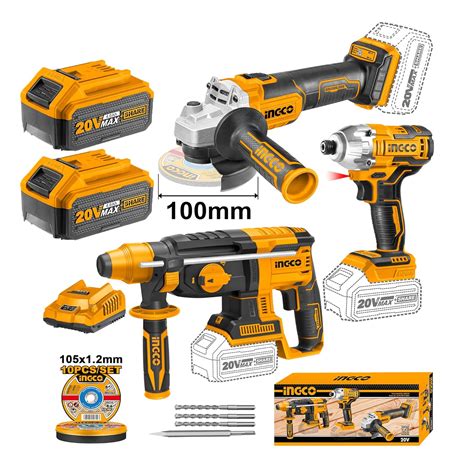 INGCO 3pcs Combo Kit, Contains Cordless Hammer Drill, Cordless Angle ...