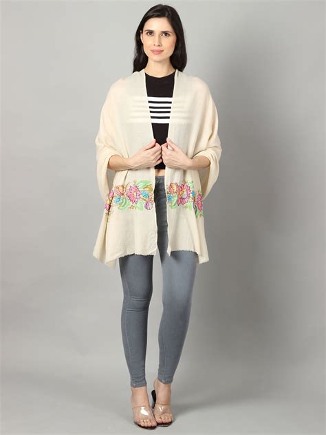 White Pure Pashmina Shawl with Floral Embroidery – modarta