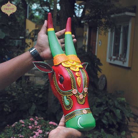 16" Hand Painted Red & Green Wooden Cow Head – Trove Craft India