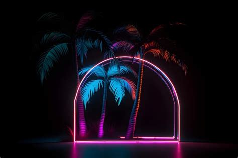 Neon palm trees and arch with lights on dark background | Premium AI ...