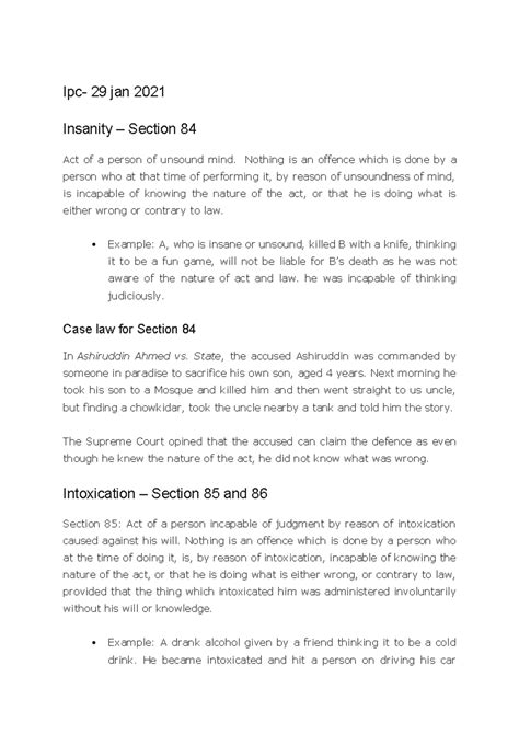 Ipc 29 jan - notes - Ipc- 29 jan 2021 Insanity – Section 84 Act of a ...