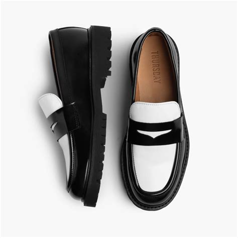 Women's Penny Lug Sole Loafer In Black & White Leather - Thursday ...