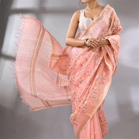 Baby Pink with zari border silk linen embroidered handloom saree ...