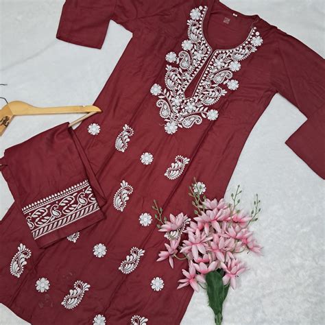 Rayon Chikankari Machine Work Kurti Plazo Set-maroon Colour – Chikankaar
