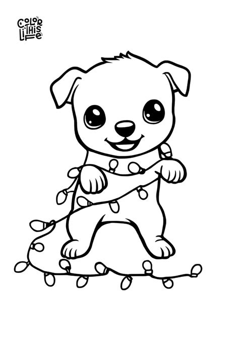 Cute Christmas lights puppy coloring page - Color This Life