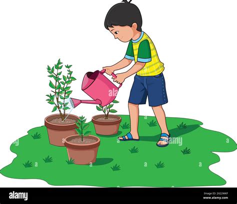Vector little boy watering plants through watering can vector ...