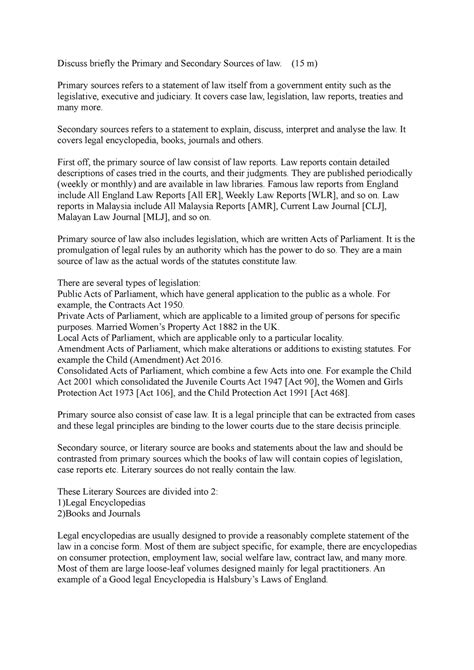 Primary and Secondary Sources of Law - (15 m) Primary sources refers to a statement of law ...