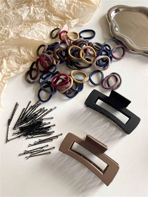 102pcs Women's Hair Ties & Clips Set, Black/Brown/Red/Khaki Colors ...