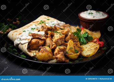 Savory Chicken Shawarma Platter with Potatoes and Garlic. Generative AI ...