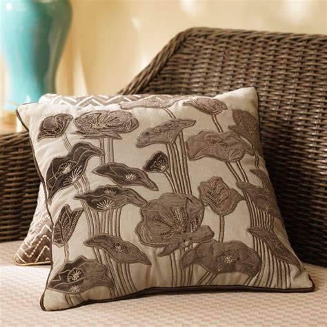Beige & Brown Floral Embroidered Square Cushion Cover