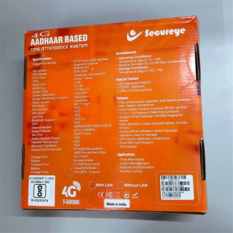Aadhaar Enabled Secureye S-SAB3000 Biometric System, 4G AADHAAR BASED ...