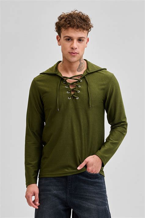 Buy Men's Olive Lace-Up Textured Hoodie Online | Snitch – SNITCH