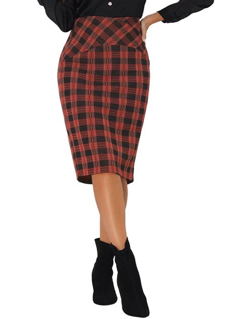 Allegra K Women's Elastic High Waist Knee Length Plaid Pencil Skirt ...