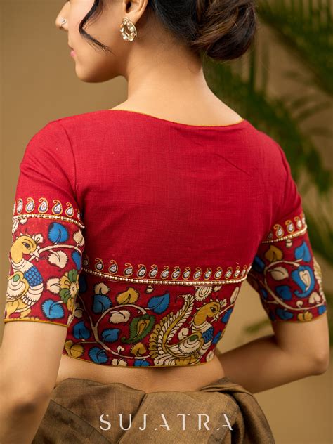 Elegant hand embroidered cotton blouse with intricate kalamkari border ...