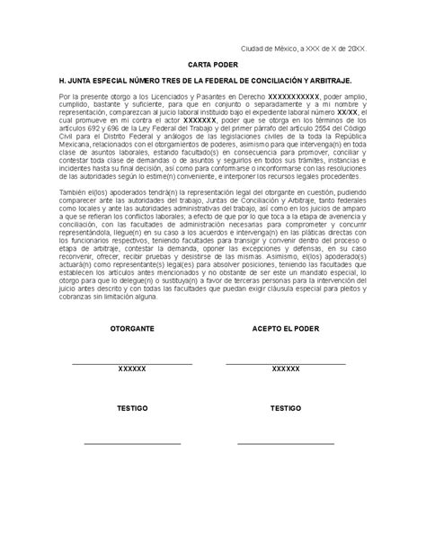 Formato Carta Poder Juicio Laboral - Ciudad de México, a XXX de X de ...