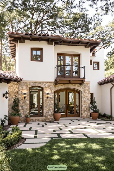 Exterior of a Spanish Revival house with terracotta and stone accents ...