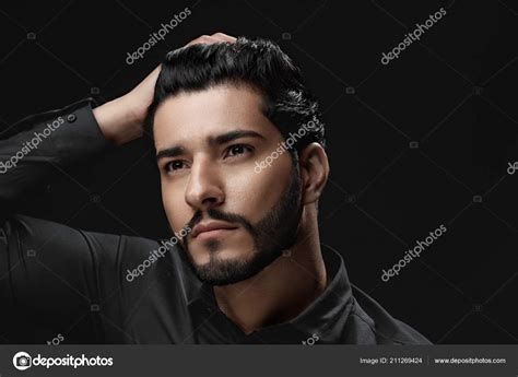 Men Hair Care. Man With Beard, Beauty Face Touching Black Hair — Stock ...