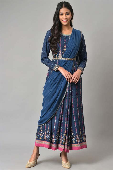 Buy Dark Blue Glitter Printed Insta Saree Dress @ 5999 | W for woman ...