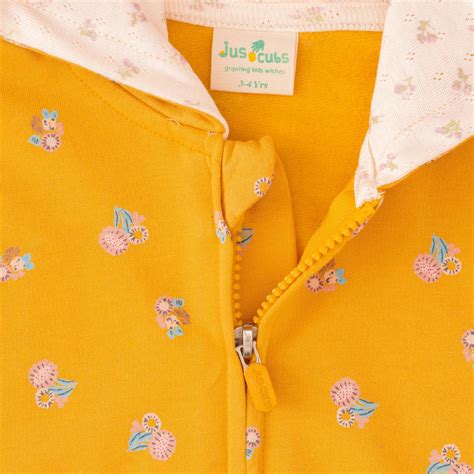 "Girls' Mustard Yellow Hooded Zip-Up Jacket – Floral Print with Bear E ...