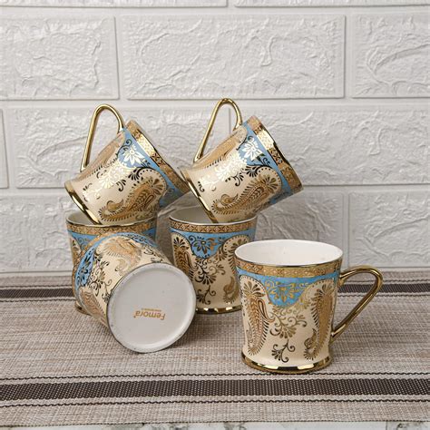 Buy Femora Golden Leaf Tea Mugs, Ceramic Tea Cups, Coffee Mugs (180 ml ...