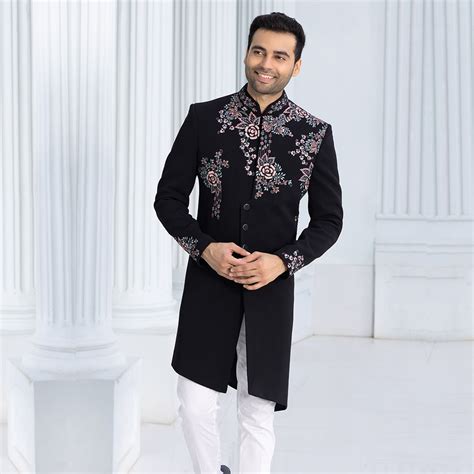 Opulent Black Sherwani with Exquisite Floral Motifs for Mens's ...