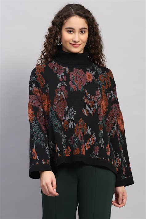 Buy FLORAL PLUSH KNITTED JACQUARD HIGH NECK PONCHO Online in India