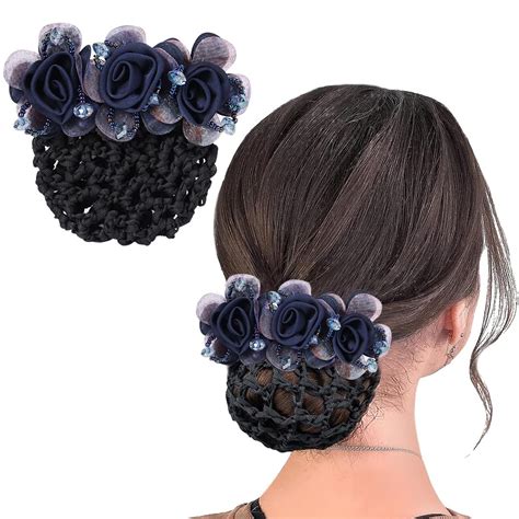 MAYCREATE® Floral Hair Snood Net, Barrette Bun Cover, Rhinestone Clips ...