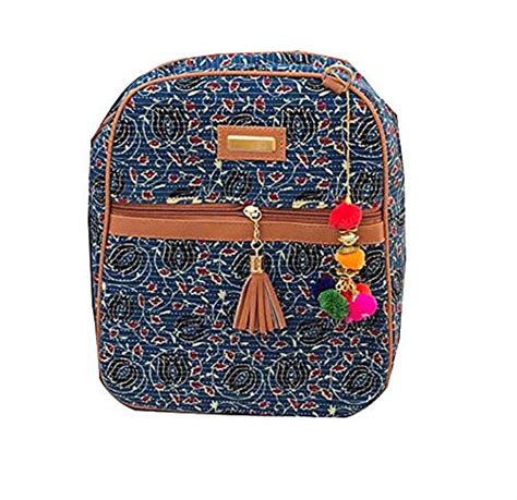 Buy craferia export Ikkat printed backpack with cute classy pom pomp ...
