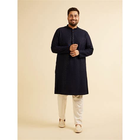 Buy Manyavar Navy Blue Viscose Chikankari Kurta with Pyjama (Set of 2 ...