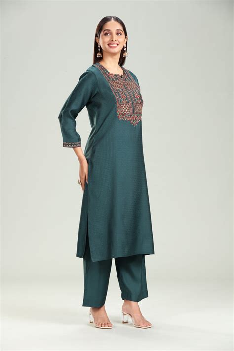 Dark Green Silk Straight Embroidered Kurta Pant Co ord Set – Cotton Culture