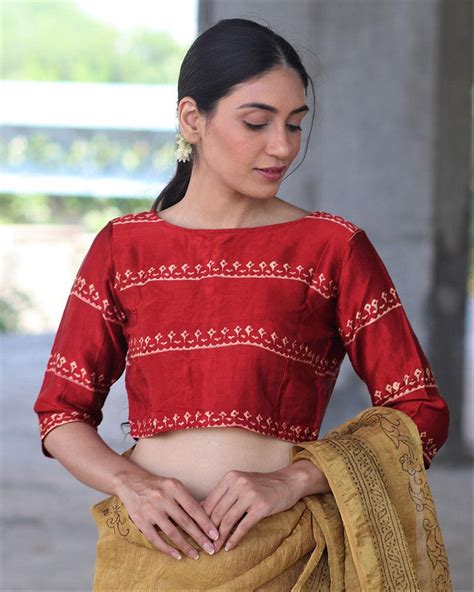 Buy Red Blockprinted Blouse | Silk Blouse