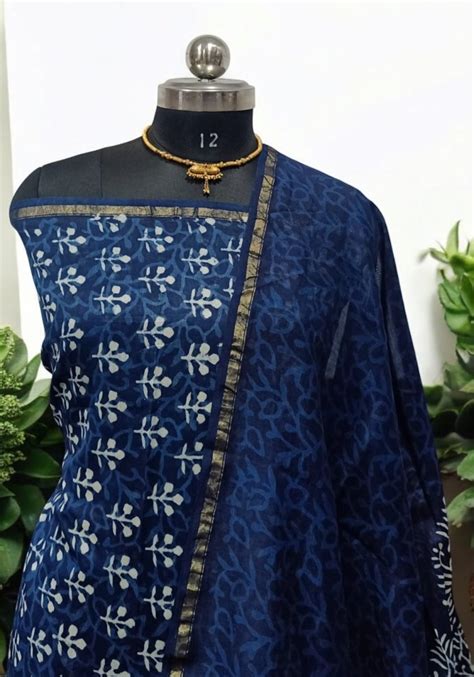 Bagru Indigo Print Chanderi Silk 3 pc Salwar Suit - Leheriya.com