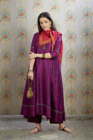 Asymmetric hem aubergin hand crushed silk kurta set with pulled thread ...