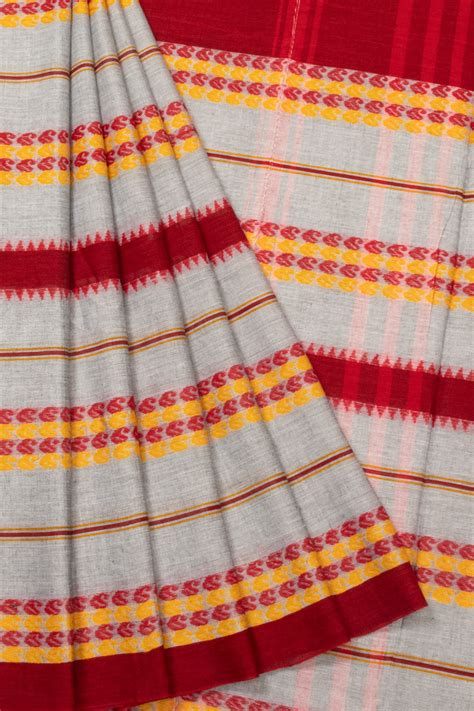 Grey and Red Handloom Dhaniakhali Cotton Saree | Avishya.com
