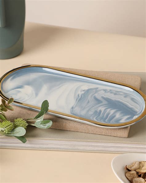 Buy White and Blue Marble Oval-Rectangle Shaped Ceramic Tray in India ...