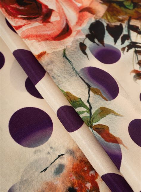 (Pre Cut-1 Meter) Pure Crepe Purple Color Floral With Polka Dots Hybri ...