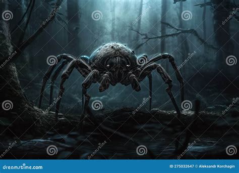 Giant Spider Monster in Forest at Night. Spiders Phobia and Nightmare. Generative AI ...
