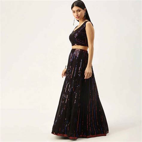 Black Embellished Sequinned Semi-Stitched Lehenga & Unstitched Blouse ...