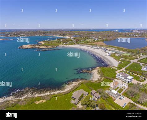 Aerial view of Bailey Beach at the end of Cliff Walk in city of Newport ...