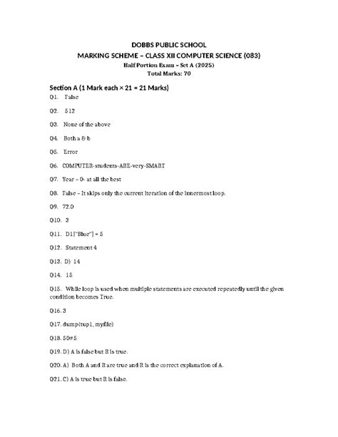 Marking Scheme Class XII Computer Science (083) Half Portion Exam Set A ...