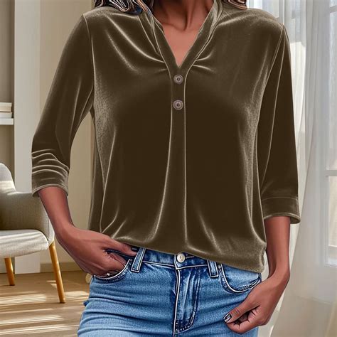 BRGZLK Women's Casual And Fashionable Solid T-shirt Lapel Button 3/4 ...