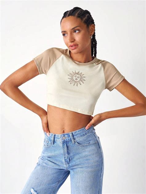 SHEIN EZwear Sun Print Ribbed Crop Baseball Tee | SHEIN USA