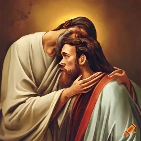 Jesus betrayed by judas with a kiss on the cheek on Craiyon