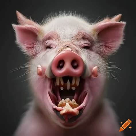 Artistic depiction of a pig with human teeth on Craiyon