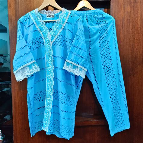 Buy Sky Blue Schiffli Cotton Stitched Co-Ord Set Online in India at ...