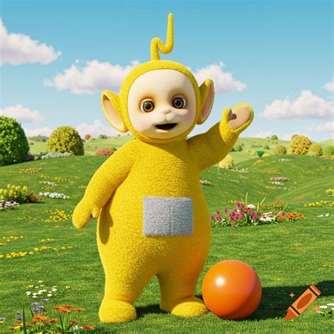 A photorealistic image of the yellow Teletubby, Laa-Laa, waving in a ...