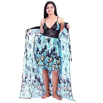Buy KEOTI Women's Satin Printed Babydoll Nighty with Robe - Pack of 2 ...